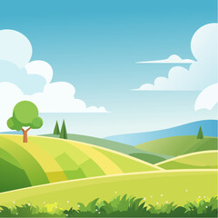 abstract Summer Hilly Landscape With Meadows Plants, Blue Sky And Clouds, vector illustration