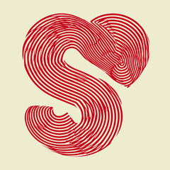 Abstract red striped letter S intertwined with a heart shape. Modern graphic vector illustration symbolizing love, passion, and romance.