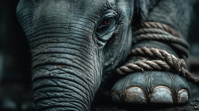 Close-up of elephant face and foot tied with rope symbolizing animal cruelty and wildlife conservation awareness

