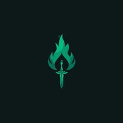 Mystical green flame sword logo design, powerful fantasy illustration, vibrant fiery blade, magical energy concept graphic.
