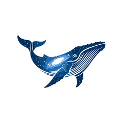 Majestic blue whale vector illustration with a cosmic starry texture, showcasing ocean depths and a vibrant night sky connection.