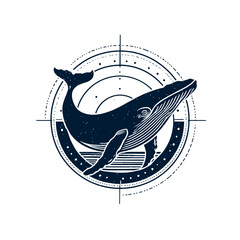 Stylized whale illustration within a circular compass design. Vintage nautical art featuring a majestic marine mammal, perfect for ocean adventure themes.