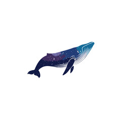 Cosmic whale illustration with starry night galaxy pattern. Majestic marine animal graphic, abstract blue deep sea creature artwork.
