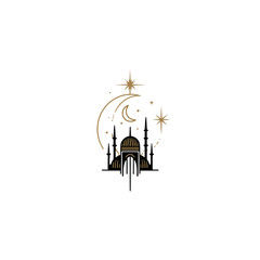 Stylized Islamic Mosque Illustration with Crescent Moon and Stars. Elegant Vector Graphic for Ramadan, Eid, and Religious Concepts.
