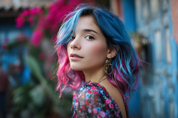 Fototapeta premium portrait of a Latina girl, with blue hair and pink highlights