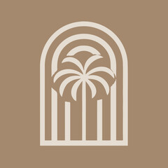 Boho Minimalist Palm Tree Archway Illustration. Elegant tropical desert oasis graphic design. Abstract resort luxury travel nature emblem.