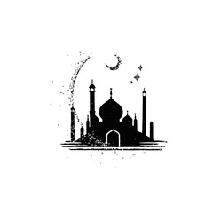 Stylized Islamic mosque silhouette with crescent moon and stars at night. Spiritual architecture graphic design, abstract vector.