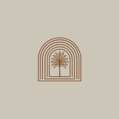 Minimalist Bohemian Line Art Illustration with Palm Tree in Arch. Modern Desert Tropical Aesthetic Vector Graphic Design Element.