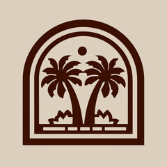 Stylized Tropical Palm Trees Silhouette Vector Logo in Arched Frame with Sun Motif. Minimalist Summer Travel Graphic Icon.