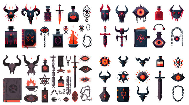 Collection of dark occult symbols including demonic skulls, swords, eyes, books, and potions in red and black tones. Perfect for fantasy games, gothic posters, or horror concept art projects.