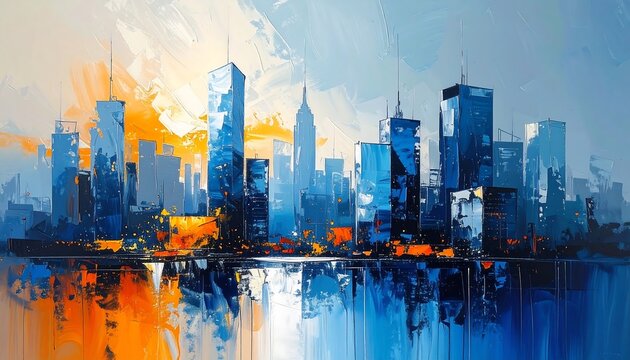 An abstract painting of a city skyline at sunrise or sunset. Tall buildings are reflected in the water, with strokes of blue, orange, and gold - Powered by Adobe