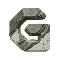 3D rendered uppercase letter G in a rugged, textured stone and concrete style, isolated on a clean white background, rock typography concept.