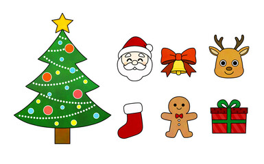Cute Hand-Drawn Christmas Illustration Set with Tree, Santa, Reindeer and Gifts