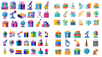 Bright 3D vector icons of globes, microscopes, books, and gift boxes representing science and education. Perfect for school events, teacher appreciation, or learning-themed designs.