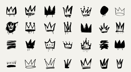 Set of spray painted graffiti crown sign in black on white. Grunge symbol of the king's crown. Crown, tiara, diadem hand drawn doodle. Template bullet, sticker pack set ink paint brush vector.