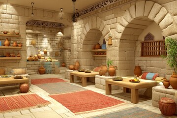 Cozy traditional middle eastern interior with stone walls and vibrant rugs