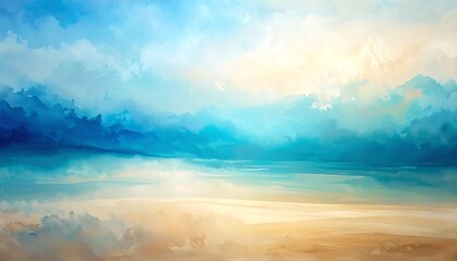Obraz premium An abstract painting of a serene sky. The image presents a vibrant display of blues, yellows, and whites, with soft cloud formations