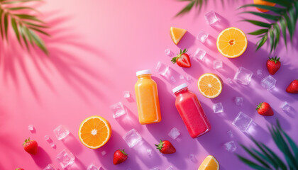 Vibrant Bottles of Juice with Fresh Fruits and Ice on Colorful Background