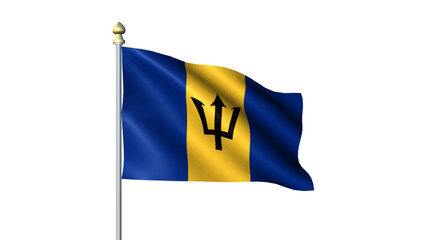 Barbados national Waving flag with flagpole on transparent background