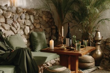 Cozy outdoor seating with green cushions and refreshing drinks on rustic wooden table