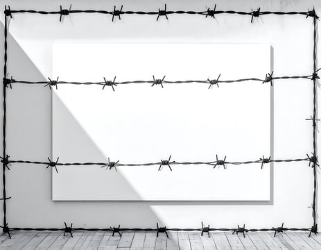 An empty white rectangular space is bordered by black barbed wire against a white wall, with the wires also defining the edge of the wall