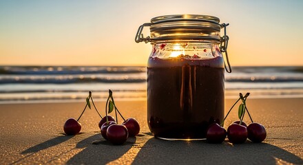 A jar of preserved fruit sits on a sandy beach, with fresh cherries scattered around. Golden sunlight shines from behind