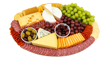 Gourmet charcuterie board with assorted cheeses cured meats olives grapes and crackers isolated on transparent background