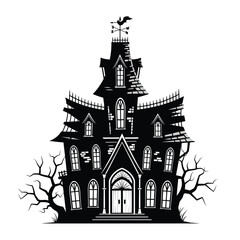 Obraz premium Detailed silhouette of a gothic haunted mansion with dead trees isolated on white background