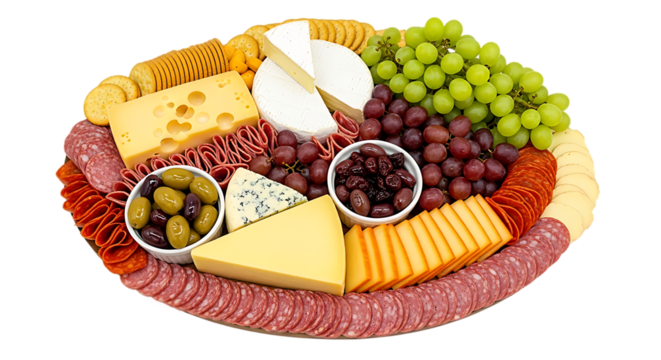 Gourmet charcuterie board with assorted cheeses cured meats olives grapes and crackers isolated on transparent background