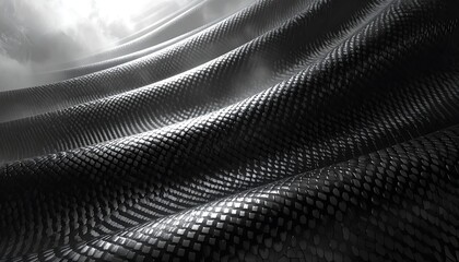Abstract grayscale rendering showcasing a rippling, textured surface with a grid-like pattern. Light filters from the upper left, highlighting the undulating forms