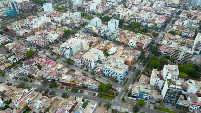 Quiet Sunday streets in Magdalena del Mar district, Lima, Peru, aerial drone view
