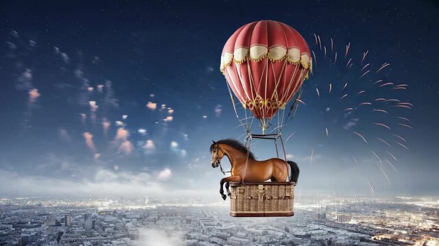 Symbol of 2026 year. Horse flying in hot air balloon with fireworks in night sky. New year celebration