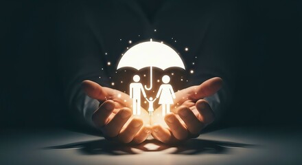 Hands holding glowing umbrella protecting family silhouette symbolizing security and insurance