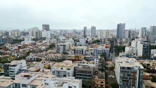 Classic residential neighborhoods in the historic city of Lima, Peru, aerial drone view.