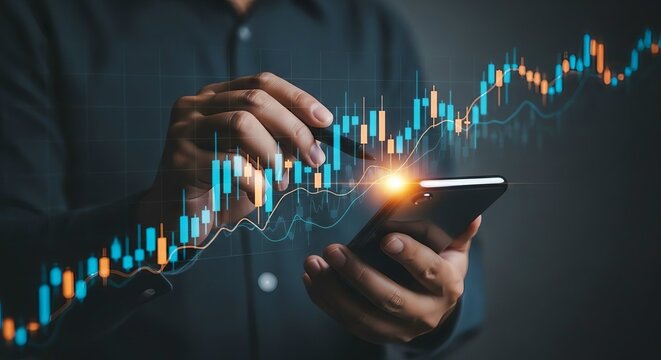 Businessman analyzing stock market trading data on smartphone with glowing financial chart overlay