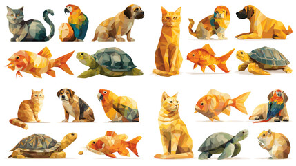 Colorful low-poly animals including cats, dogs, fish, turtles, and parrots in geometric style. Perfect for modern wildlife posters, kids' education materials, and polygon art design projects.
