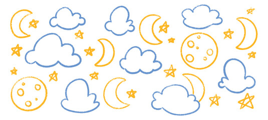 Chalk crayon night sky elements with moons, stars and cloud shapes in blue and yellow colors. Hand drawn celestial collection for children illustrations, nursery decor or educational materials.