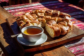 Rustic bread and herbal tea on wooden table with colorful tablecloth outdoors