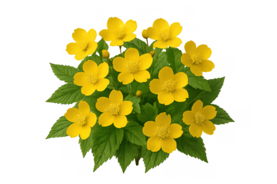 Yellow flowers forming a lively bouquet, blooming with green leaves, bringing a fresh and natural touch with a transparent background