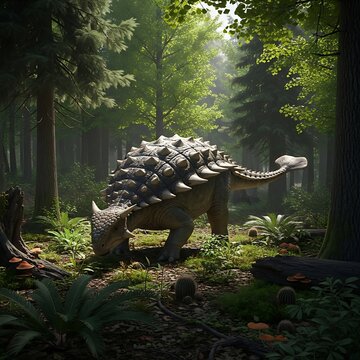 A large, armored dinosaur grazes on vegetation in a sun-dappled forest with towering trees and lush undergrowth