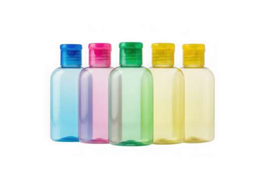 Five colorful cosmetic bottles with flip top caps isolated on transparent background