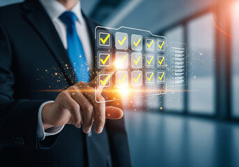 Businessman interacting with a futuristic digital checklist interface for successful task completion and verification.