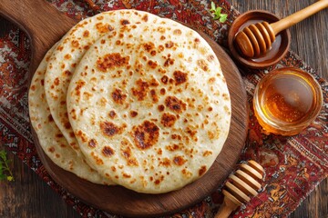 Homemade flatbreads on rustic cloth with honey and honey dipper on wooden table