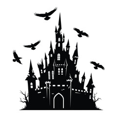 Silhouette of a spooky castle with flying birds isolated on white background