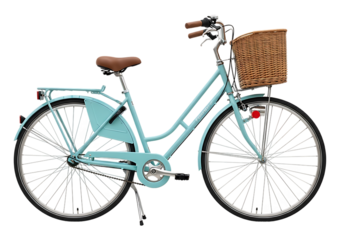 Classic light blue vintage bicycle with woven basket on front isolated on transparent background