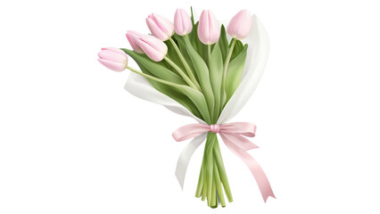 Realistic pastel tulip bouquet tied with soft pink ribbon, isolated transparent PNG background