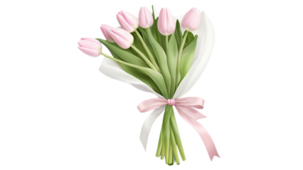 Realistic pastel tulip bouquet tied with soft pink ribbon, isolated transparent PNG background