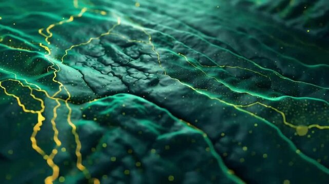 Futuristic Texture Collection: luminous, organic emerald-colored surface inspired by nature; reminiscent of the microscopic structures of moss, lichen, or plant skin with golden veins