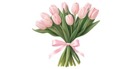Realistic pastel tulip bouquet tied with soft pink ribbon, isolated transparent PNG background