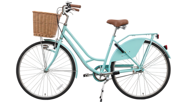 Retro style mint green bicycle with wicker basket on the front and brown leather seat isolated on transparent background